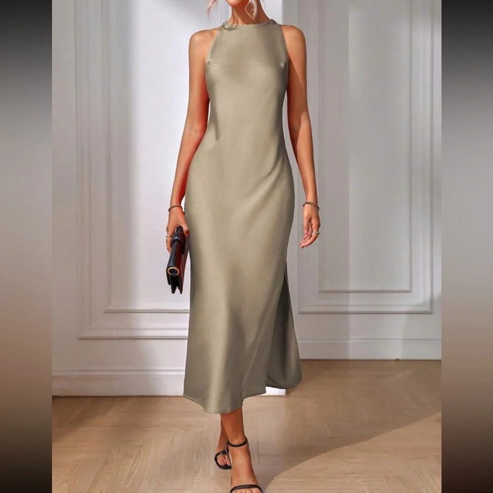 Elegant Pink Sleeveless Satin Dress
